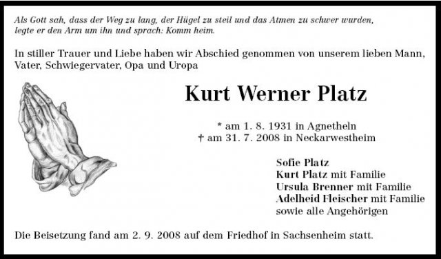 Platz Kurt 1931-2008 Todesanzeige